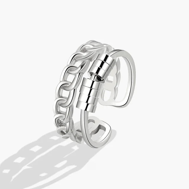 Silver Fidget Ring with 1 row of beads and solid chain band - Size adjustable