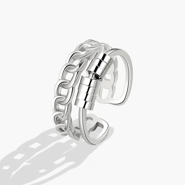 Silver Fidget Ring with 1 row of beads and solid chain band - Size adjustable