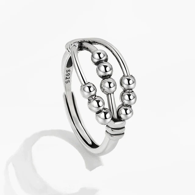 Silver Fidget Ring with 3 rows of beads - Size adjustable